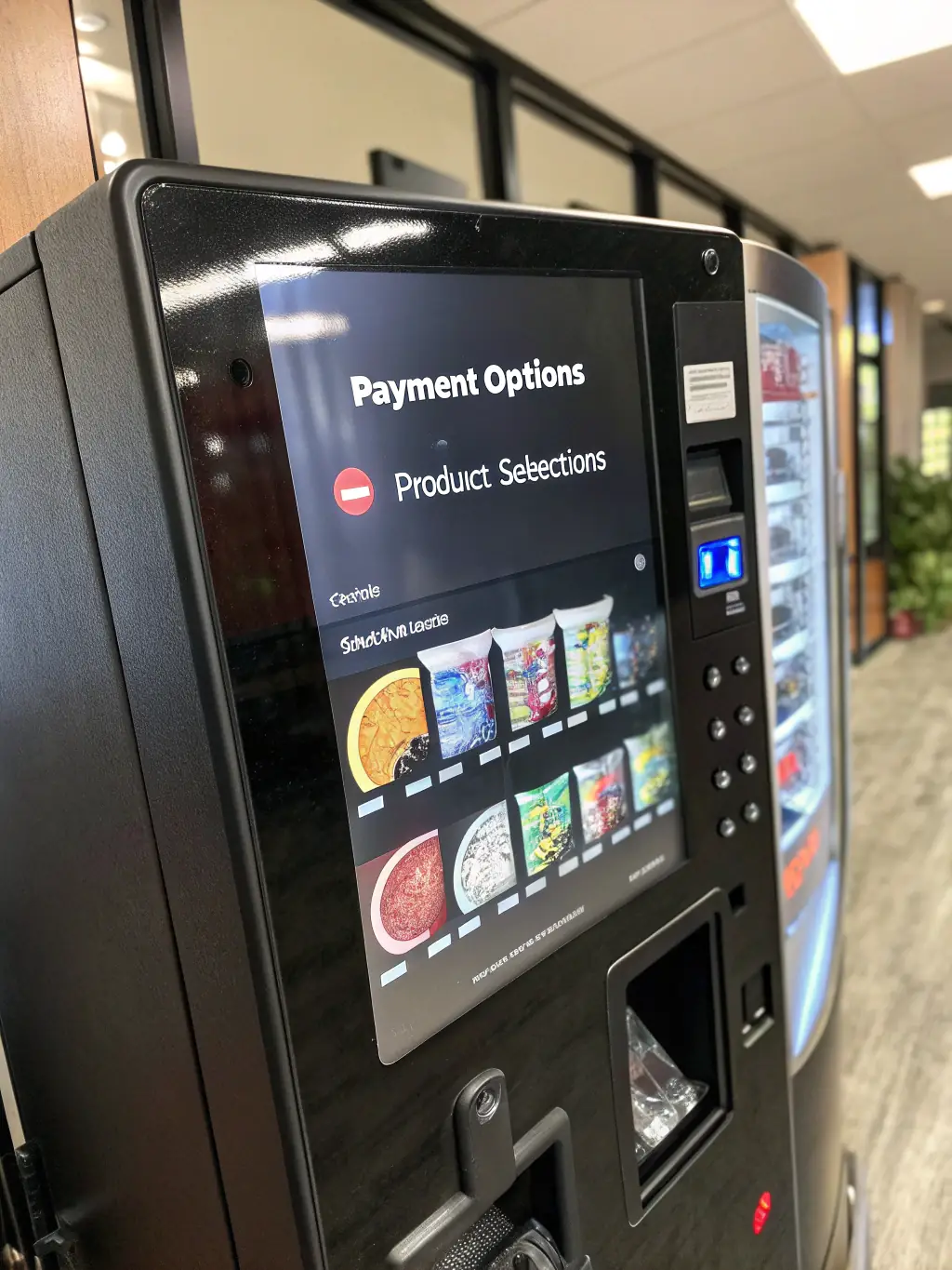 A close-up shot of a vending machine's touchscreen interface displaying a variety of payment options, including contactless payment methods like Apple Pay and Google Wallet. The screen is bright and user-friendly, with clear instructions for completing the transaction.
