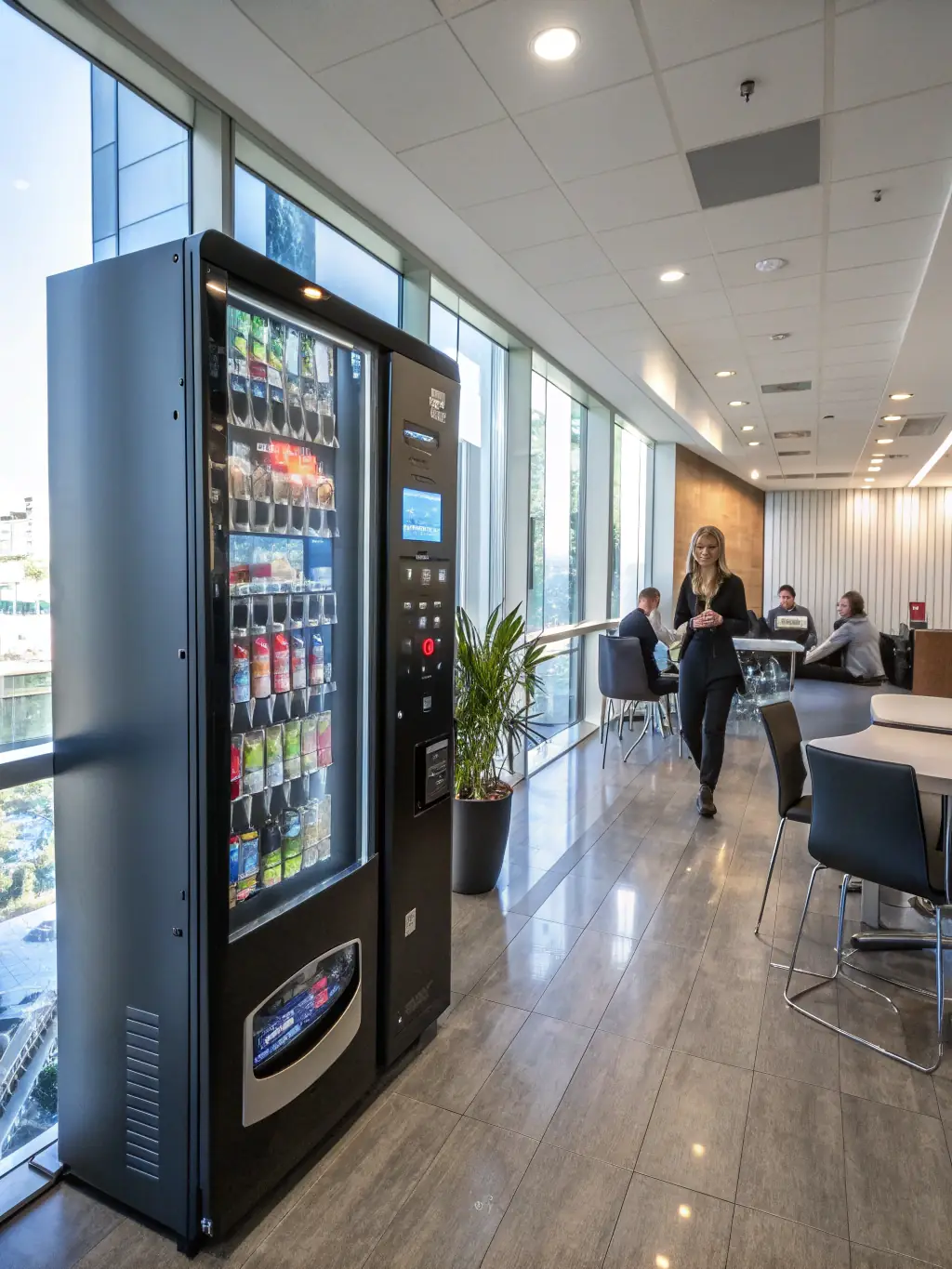 A vending machine with custom branding options, featuring a company logo and color scheme. The machine is placed in a modern office environment, seamlessly blending with the surroundings.