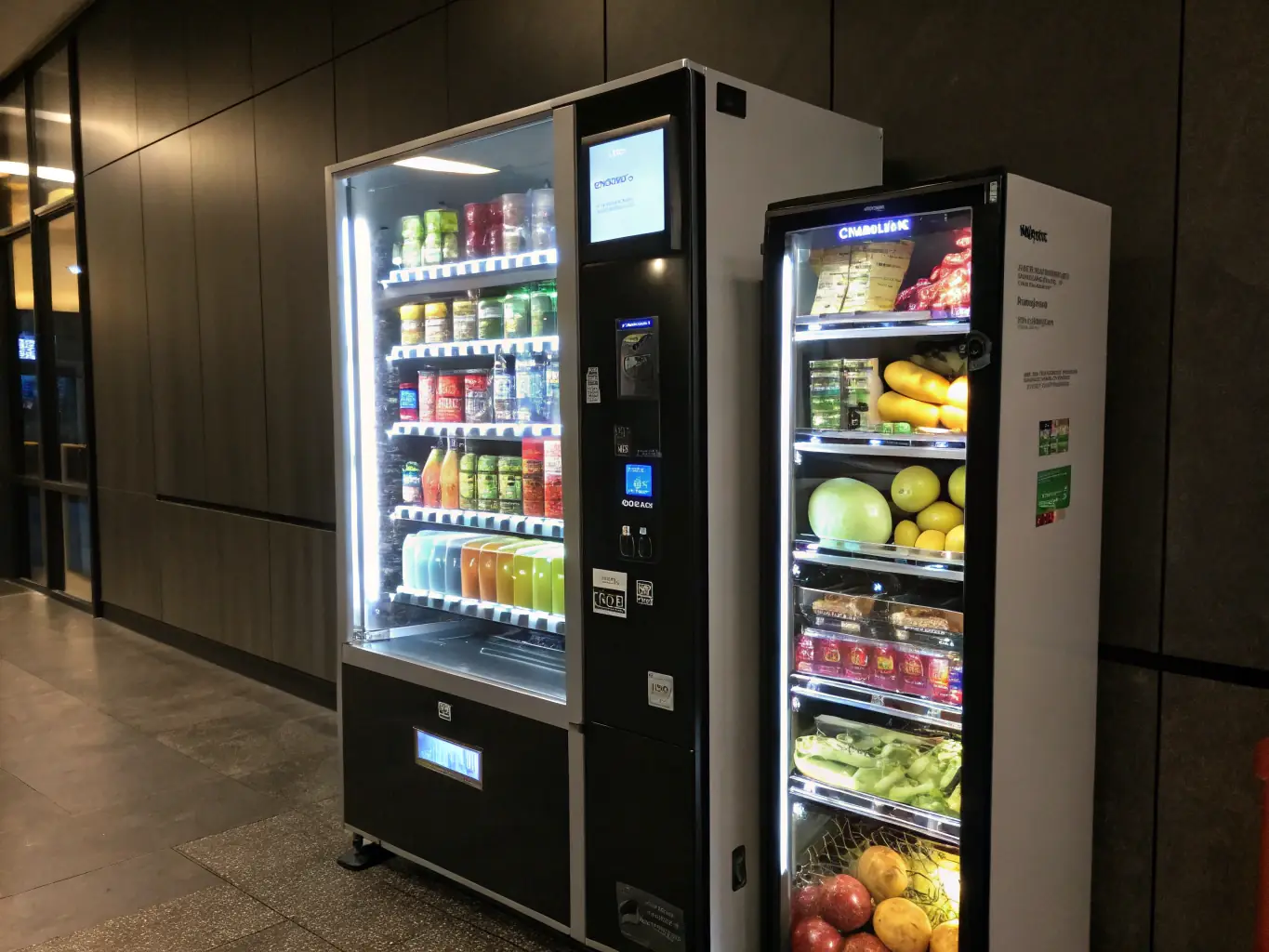 A vending machine with a custom user interface on a large touch screen, allowing customers to easily browse and select products. The interface is designed with a modern, intuitive layout, showcasing product images and nutritional information. The setting is a busy university campus, highlighting the machine's user-friendly design.