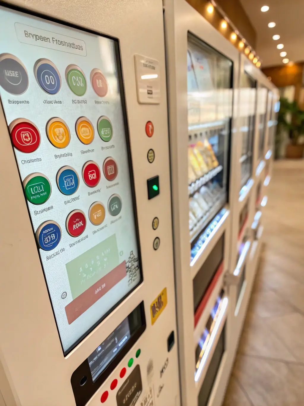 A close-up shot of a vending machine's customizable control panel, highlighting the different button layouts and user interface options available. The panel features a sleek design with various color schemes and button configurations.
