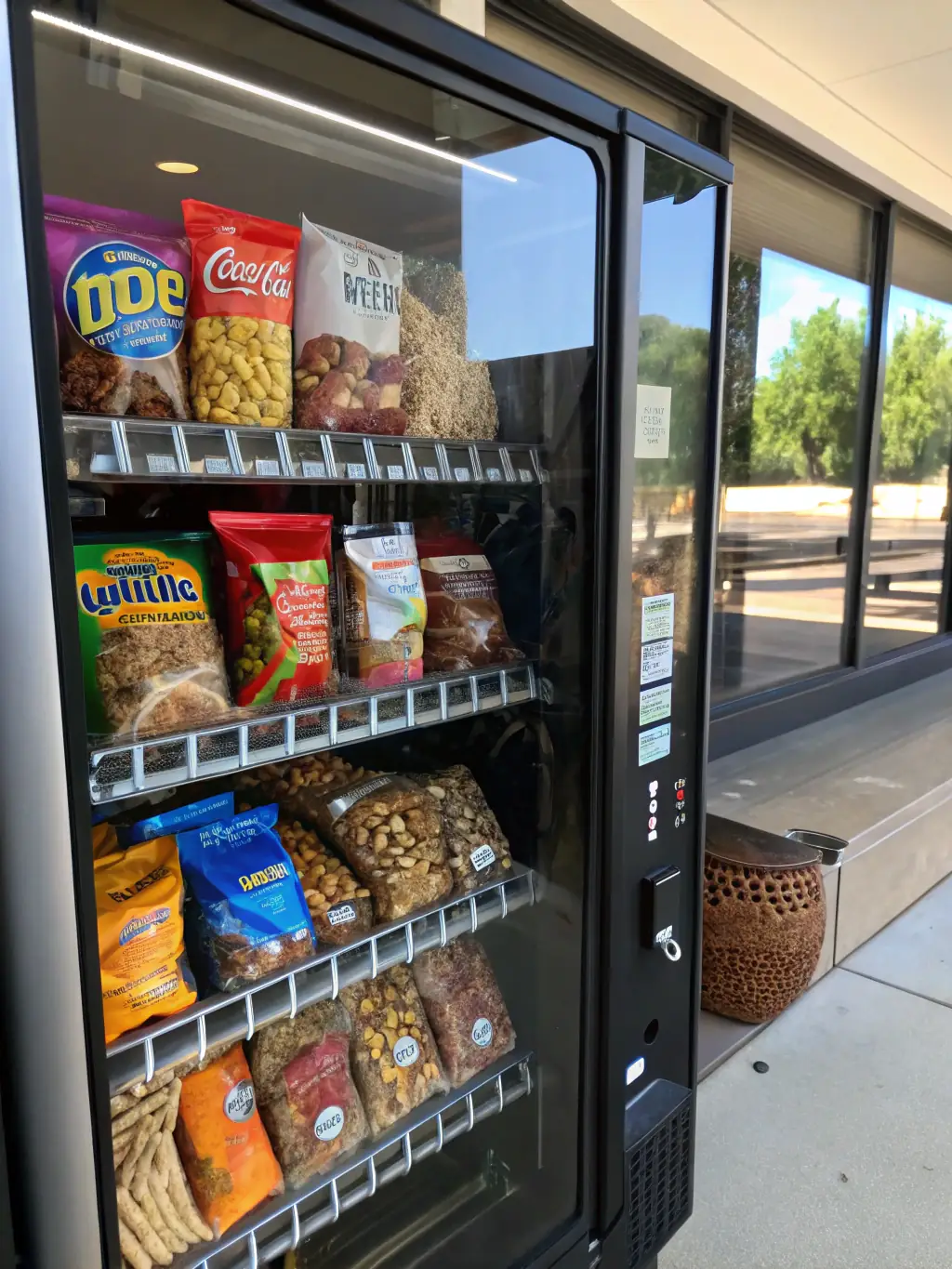 A vending machine with interchangeable product displays, showcasing how the machine can be easily reconfigured to accommodate different product sizes and types. The display is well-lit and features clear product labels.