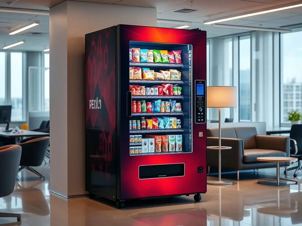 A brightly lit, modern vending machine with a custom-branded wrap, showcasing a company logo and colors. The machine is filled with a variety of healthy snacks and beverages, appealing to a health-conscious audience. The setting is a contemporary office space, emphasizing the machine's suitability for corporate environments.