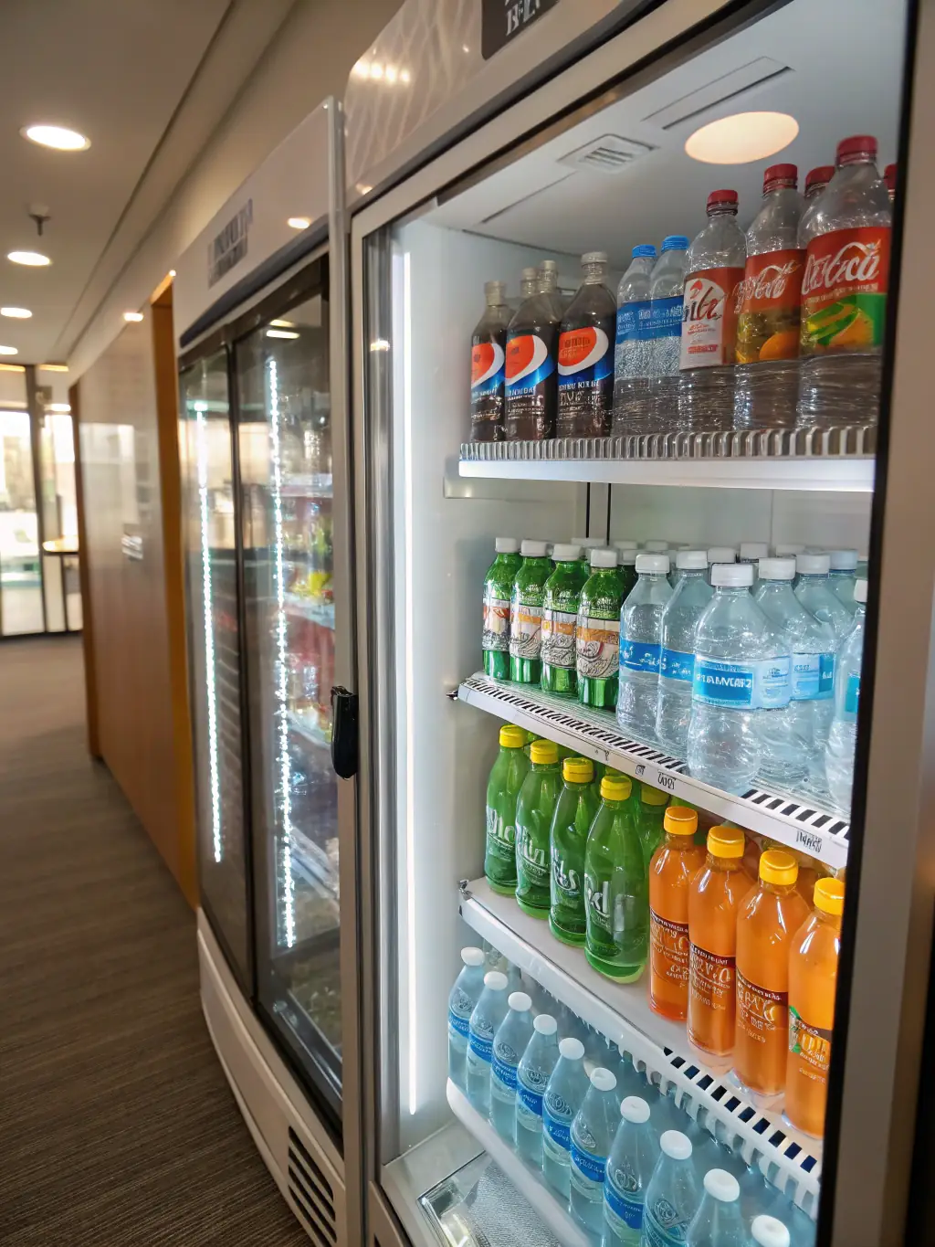 A VendTech smart vending machine with a focus on healthy beverage options, including sparkling water, organic juices, and low-sugar drinks.